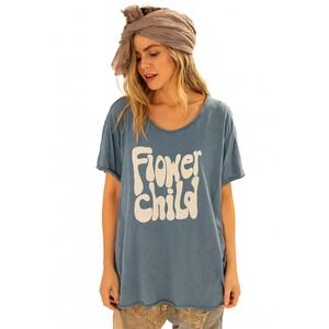 Magnolia Pearl Flower Child Graphic T Shirt Distressed Blue Top
